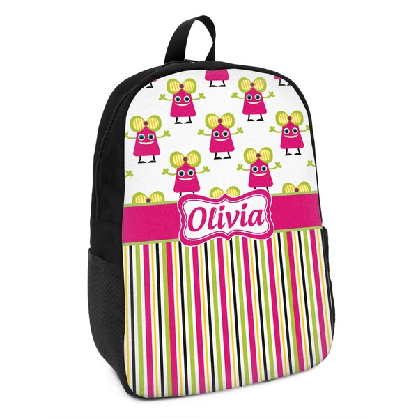 Custom Pink Monsters & Stripes Kids Backpack (Personalized)