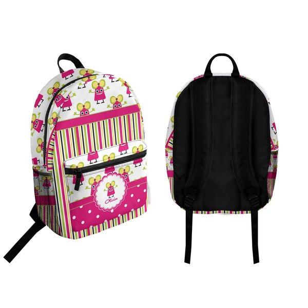 Pink Monsters & Stripes Backpack front and back - Apvl