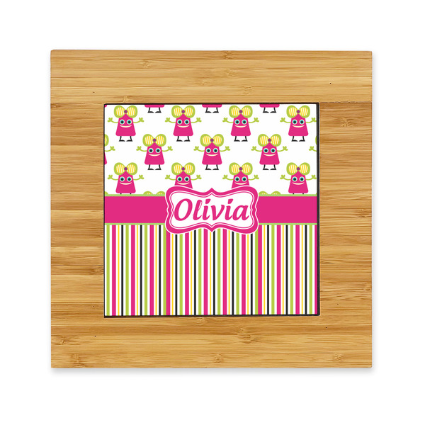 Custom Pink Monsters & Stripes Bamboo Trivet with Ceramic Tile Insert (Personalized)