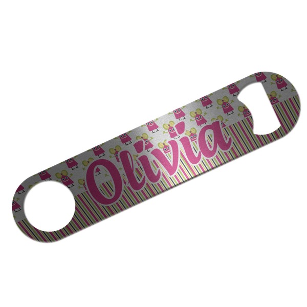 Custom Pink Monsters & Stripes Bar Bottle Opener - Silver w/ Name or Text
