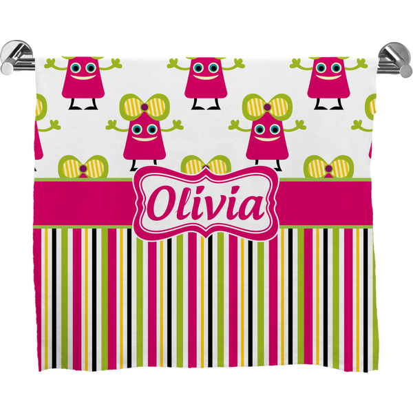 Custom Pink Monsters & Stripes Bath Towel (Personalized)
