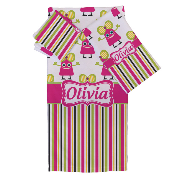 Custom Pink Monsters & Stripes Bath Towel Set - 3 Pcs (Personalized)