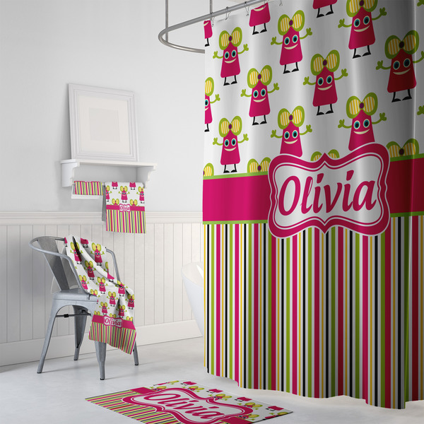 Pink Monsters & Stripes Bath Towel Sets - 3-piece - In Context