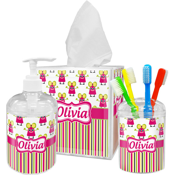 Custom Pink Monsters & Stripes Acrylic Bathroom Accessories Set w/ Name or Text