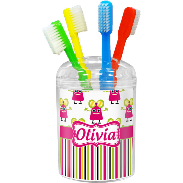 Custom Pink Monsters & Stripes Toothbrush Holder (Personalized)
