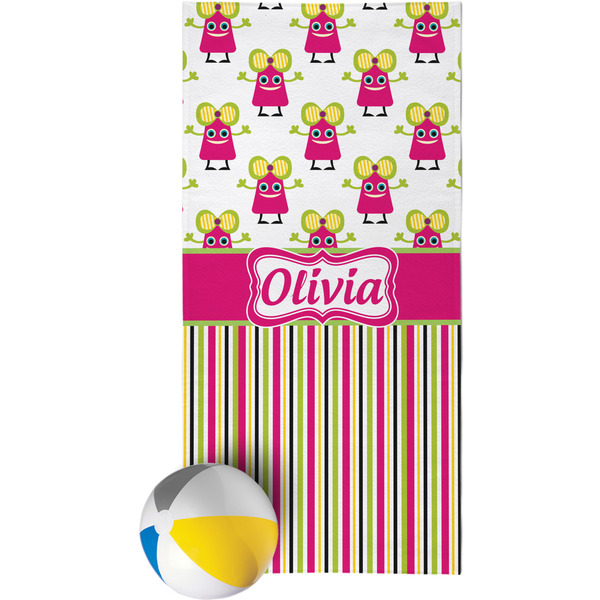 Custom Pink Monsters & Stripes Beach Towel (Personalized)