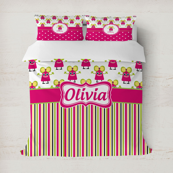 Custom Pink Monsters & Stripes Duvet Cover (Personalized)