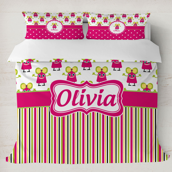 Custom Pink Monsters & Stripes Duvet Cover Set - King (Personalized)