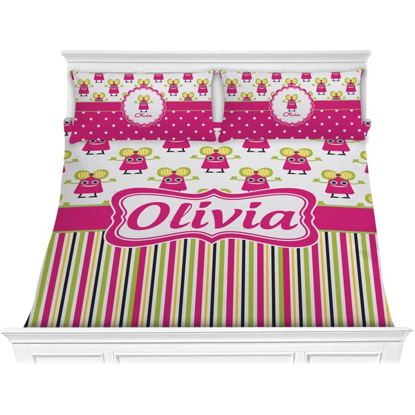 Custom Pink Monsters & Stripes Comforter Set - King (Personalized)