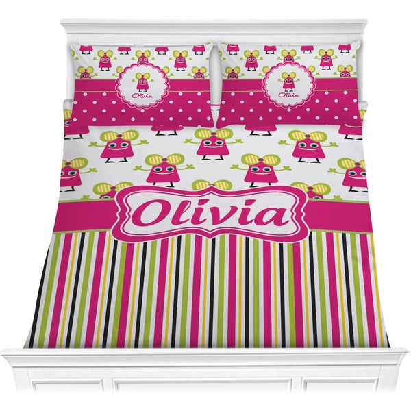 Custom Pink Monsters & Stripes Comforter Set - Full / Queen (Personalized)