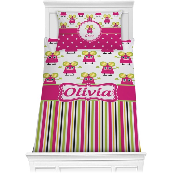 Custom Pink Monsters & Stripes Comforter Set - Twin (Personalized)