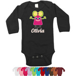 Pink Monsters & Stripes Long Sleeves Bodysuit - 12 Colors (Personalized)