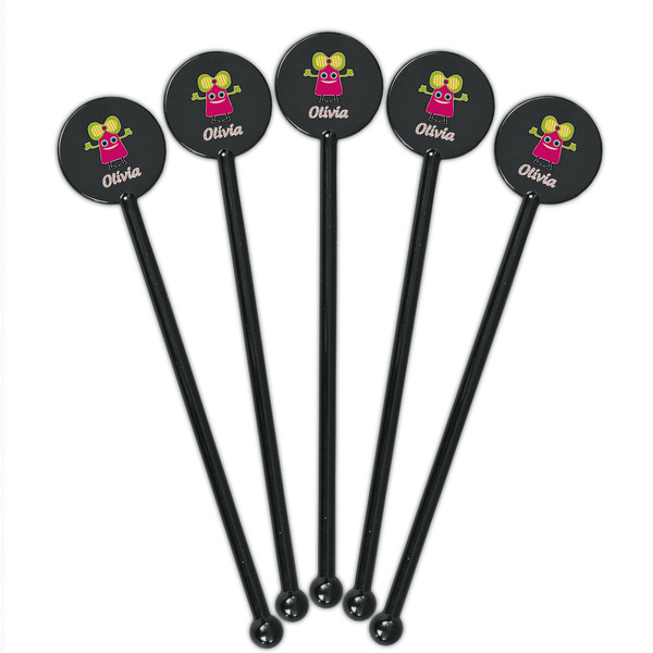 Pink Monsters & Stripes Black Plastic 5.5" Stir Stick - Round - Fan View