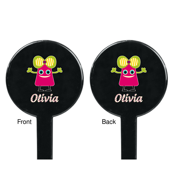 Pink Monsters & Stripes Black Plastic 7" Stir Stick - Double Sided - Round - Front & Back