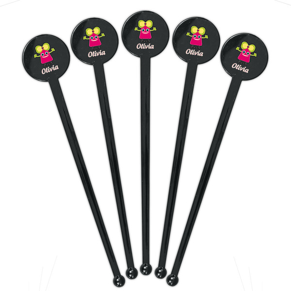 Pink Monsters & Stripes Black Plastic 7" Stir Stick - Round - Fan View