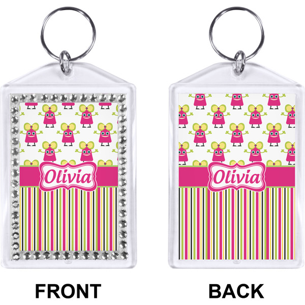 Pink Monsters & Stripes Bling Keychain (Front + Back)