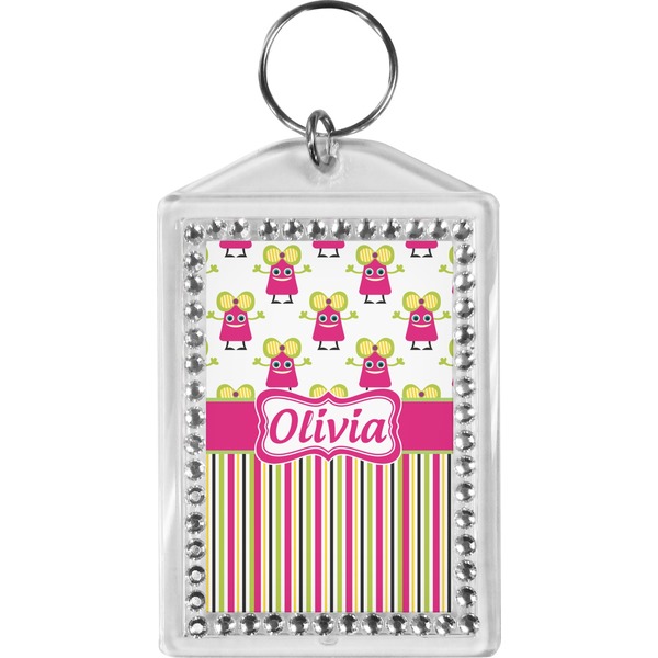 Custom Pink Monsters & Stripes Bling Keychain (Personalized)