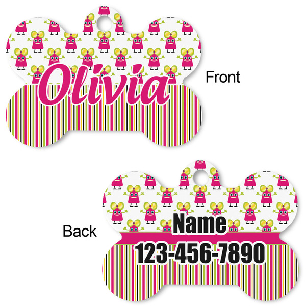 Pink Monsters & Stripes Bone Shaped Dog ID Tag - Large - Approval