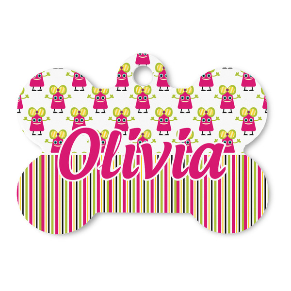 Custom Pink Monsters & Stripes Bone Shaped Dog ID Tag - Large (Personalized)