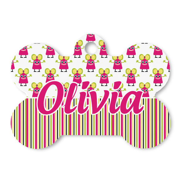 Custom Pink Monsters & Stripes Bone Shaped Dog ID Tag (Personalized)