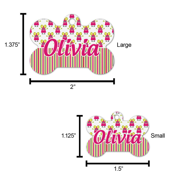 Pink Monsters & Stripes Bone Shaped Dog ID Tag - Large - Scale