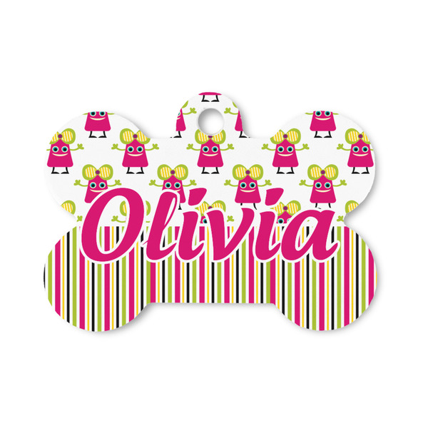 Custom Pink Monsters & Stripes Bone Shaped Dog ID Tag - Small (Personalized)
