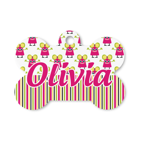 Custom Pink Monsters & Stripes Bone Shaped Dog ID Tag - Small (Personalized)