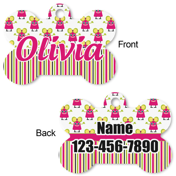 Pink Monsters & Stripes Bone Shaped Dog Tag - Front & Back