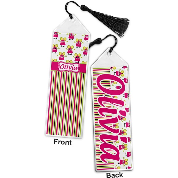 Pink Monsters & Stripes Bookmark with tassel - Front and Back