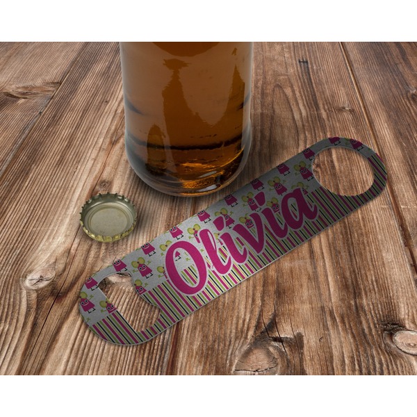 Pink Monsters & Stripes Bottle Opener - In Use