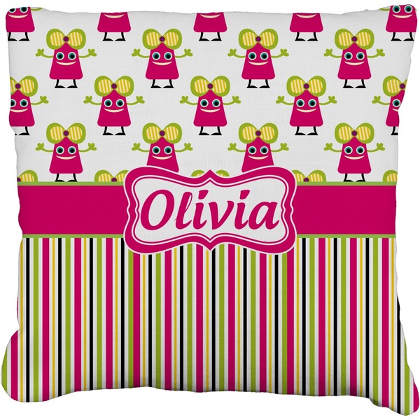 Custom Pink Monsters & Stripes Faux-Linen Throw Pillow (Personalized)