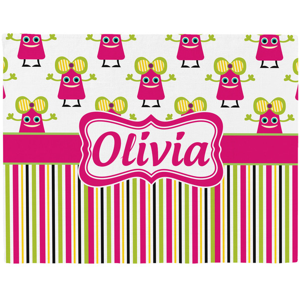 Custom Pink Monsters & Stripes Woven Fabric Placemat - Twill w/ Name or Text