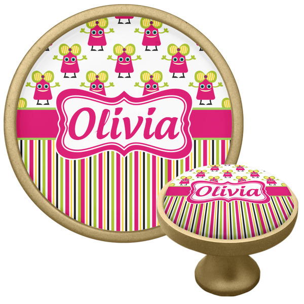 Custom Pink Monsters & Stripes Cabinet Knob - Gold (Personalized)