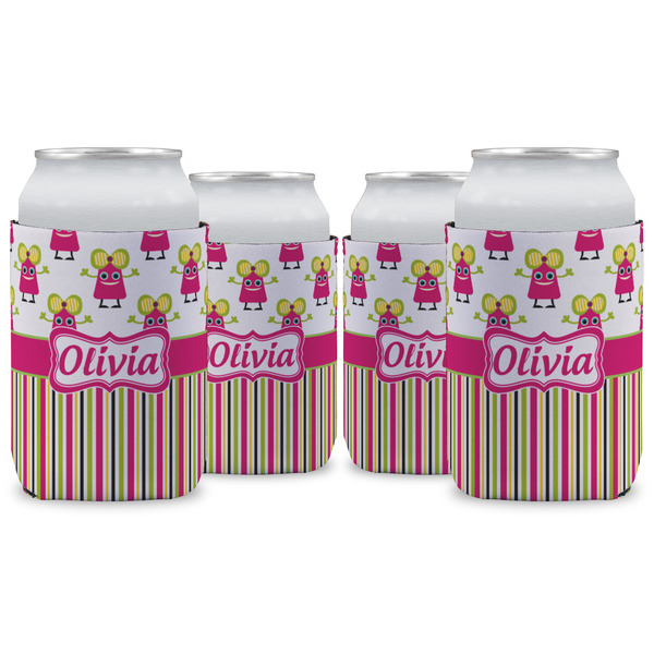 Custom Pink Monsters & Stripes Can Cooler (12 oz) - Set of 4 w/ Name or Text