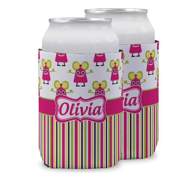 Custom Pink Monsters & Stripes Can Cooler (12 oz) w/ Name or Text