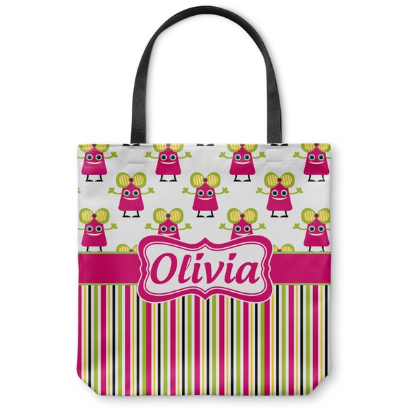 Custom Pink Monsters & Stripes Canvas Tote Bag (Personalized)