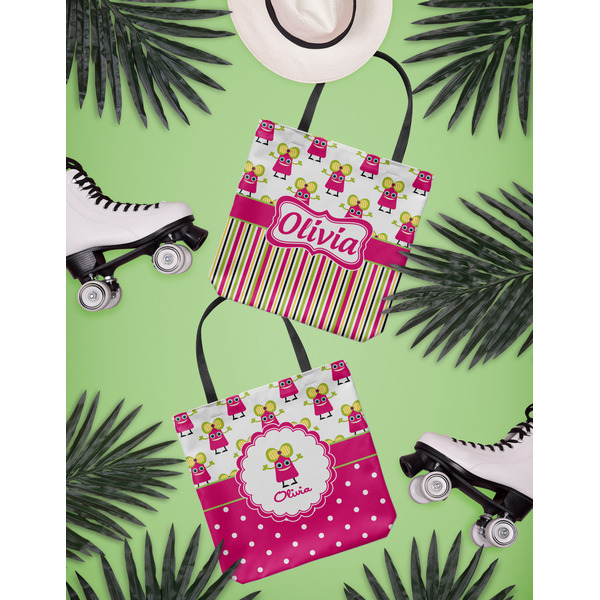 Pink Monsters & Stripes Canvas Tote Lifestyle Front and Back