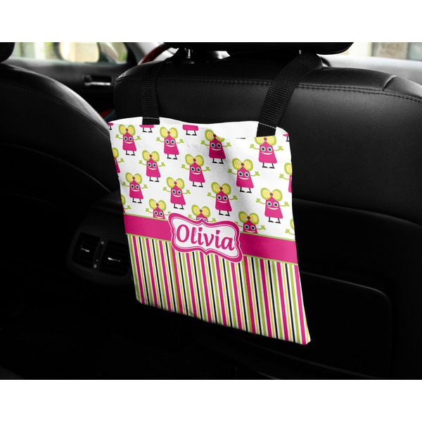 Pink Monsters & Stripes Car Bag - In Use