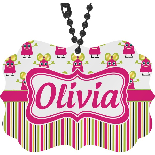 Custom Pink Monsters & Stripes Rear View Mirror Decor (Personalized)