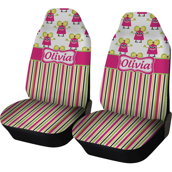 Custom Pink Monsters & Stripes Car Seat Covers (Set of Two) (Personalized)