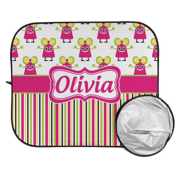 Pink Monsters & Stripes Car Sun Shades - FOLDED & UNFOLDED