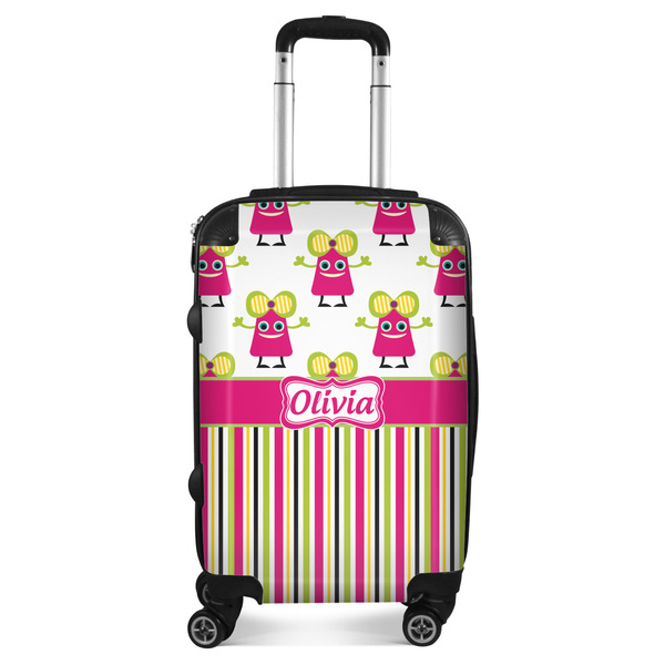 Custom Pink Monsters & Stripes Suitcase - 20" Carry On (Personalized)