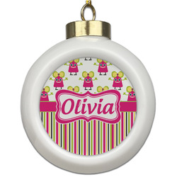 Pink Monsters & Stripes Ceramic Ball Ornament (Personalized)