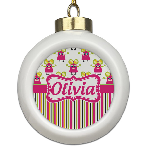 Custom Pink Monsters & Stripes Ceramic Ball Ornament (Personalized)