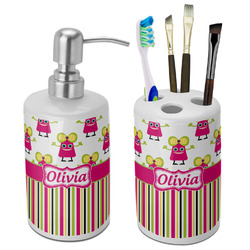 Pink Monsters & Stripes Ceramic Bathroom Accessories Set (Personalized)