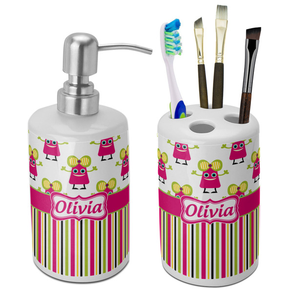 Custom Pink Monsters & Stripes Ceramic Bathroom Accessories Set (Personalized)