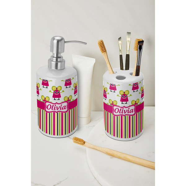 Pink Monsters & Stripes Ceramic Bathroom Accessories - LIFESTYLE (toothbrush holder & soap dispenser)