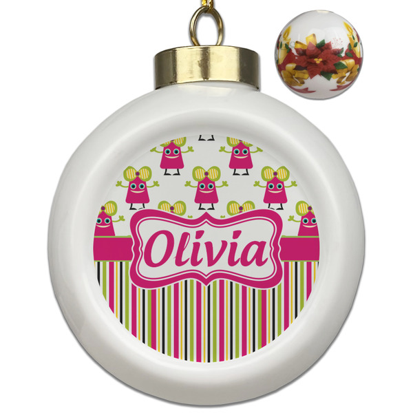 Custom Pink Monsters & Stripes Ceramic Ball Ornaments - Poinsettia Garland (Personalized)
