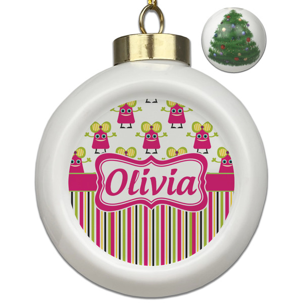 Custom Pink Monsters & Stripes Ceramic Ball Ornament - Christmas Tree (Personalized)