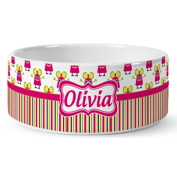 Pink Monsters & Stripes Ceramic Dog Bowl - Medium - Front